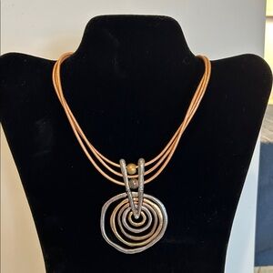 Boho necklace copper gold pewter rings on leather-like chain & earrings 15-18”